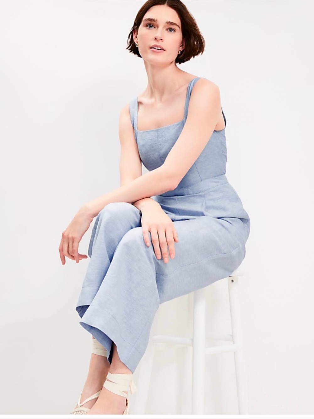New! Loft Linen Blend Square Neck Wide Leg Jumpsuit Sky Blue size 6